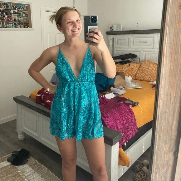 princess polly baby blue dress Lucy in the Sky Sequin Draped Waist Dress in Pastel Blue main image 1